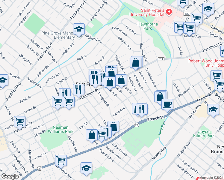 map of restaurants, bars, coffee shops, grocery stores, and more near 125 Henry Street in Franklin Township