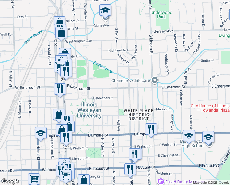 map of restaurants, bars, coffee shops, grocery stores, and more near 414 East Beecher Street in Bloomington