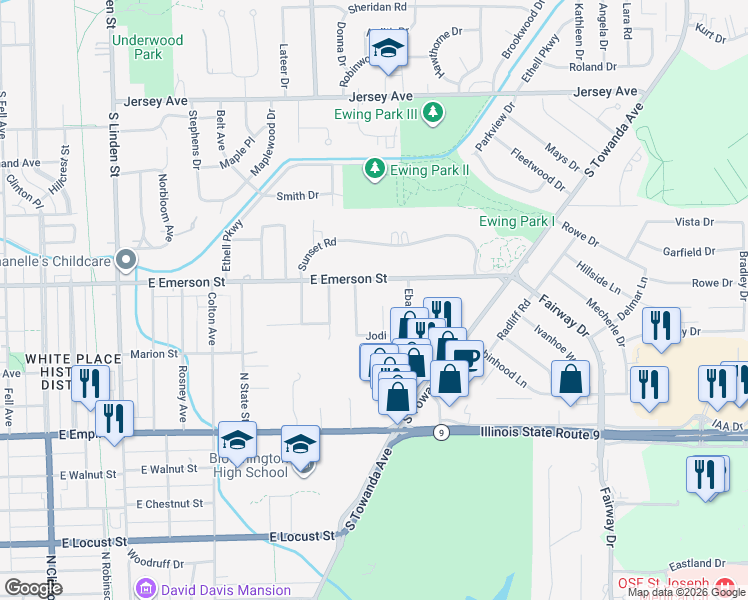 map of restaurants, bars, coffee shops, grocery stores, and more near 4 Tami Court in Bloomington