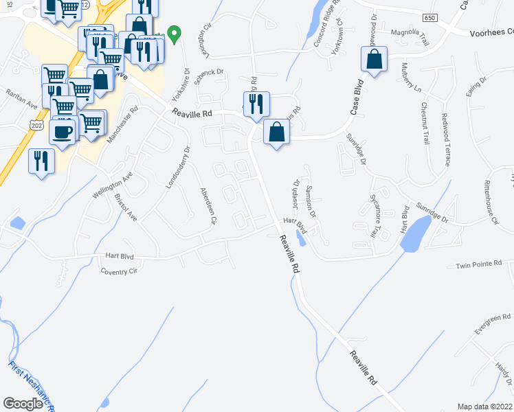 map of restaurants, bars, coffee shops, grocery stores, and more near 18 Indian Plantation Street in Flemington