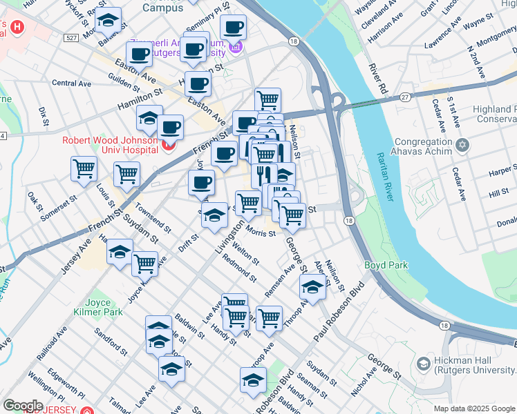 map of restaurants, bars, coffee shops, grocery stores, and more near 20 Livingston Avenue in New Brunswick
