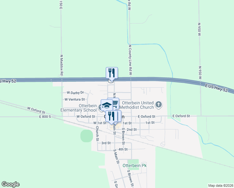 map of restaurants, bars, coffee shops, grocery stores, and more near 209 North Main Street in Otterbein