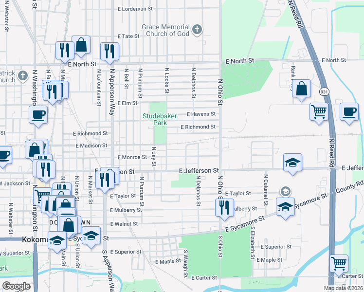 map of restaurants, bars, coffee shops, grocery stores, and more near 721 North Waugh Street in Kokomo