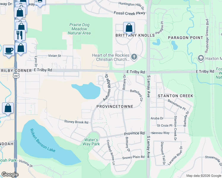 map of restaurants, bars, coffee shops, grocery stores, and more near 6738 Colony Hills Lane in Fort Collins