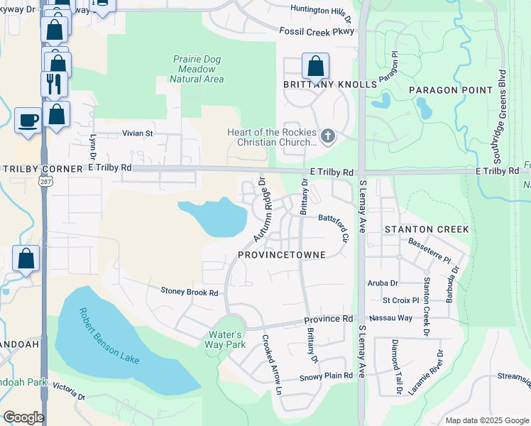 map of restaurants, bars, coffee shops, grocery stores, and more near 6714 Rose Creek Way in Fort Collins