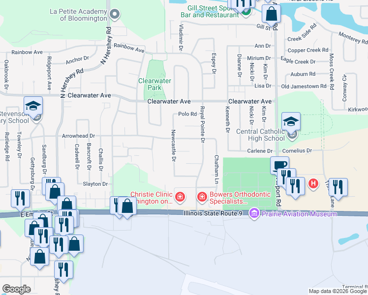map of restaurants, bars, coffee shops, grocery stores, and more near 6 Knottingham Court in Bloomington