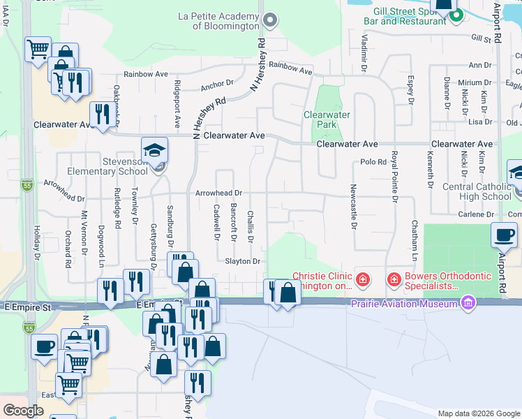 map of restaurants, bars, coffee shops, grocery stores, and more near 1221 Eastport Drive in Bloomington