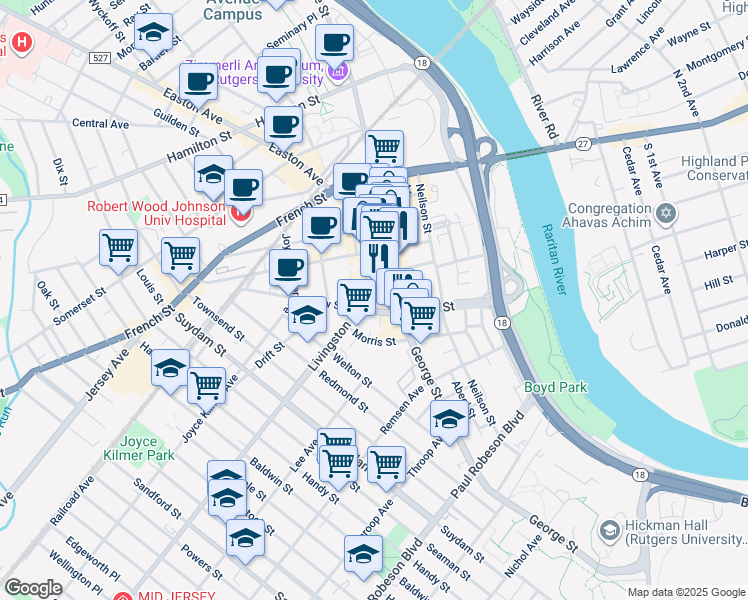map of restaurants, bars, coffee shops, grocery stores, and more near 20 Livingston Avenue in New Brunswick