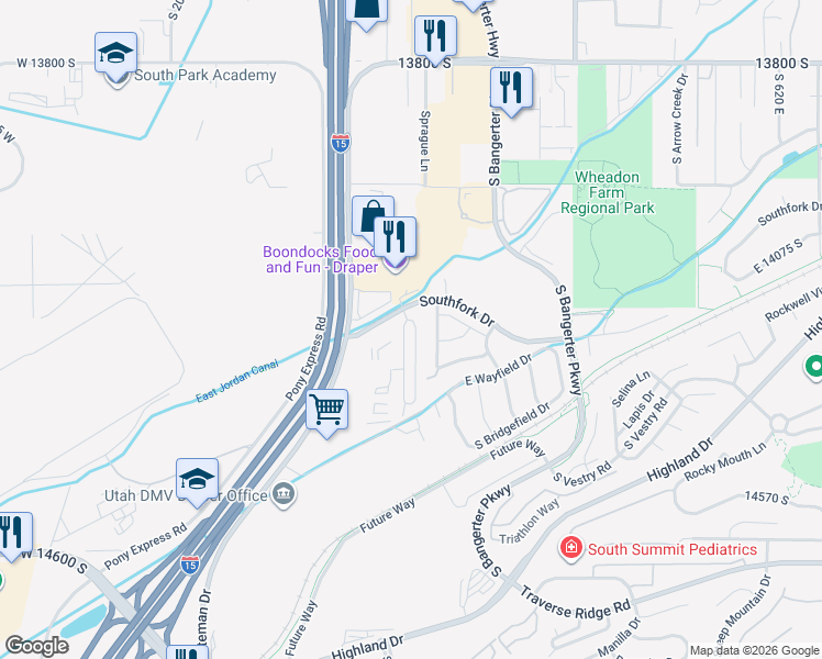 map of restaurants, bars, coffee shops, grocery stores, and more near 14256 South Side Hill Lane in Draper