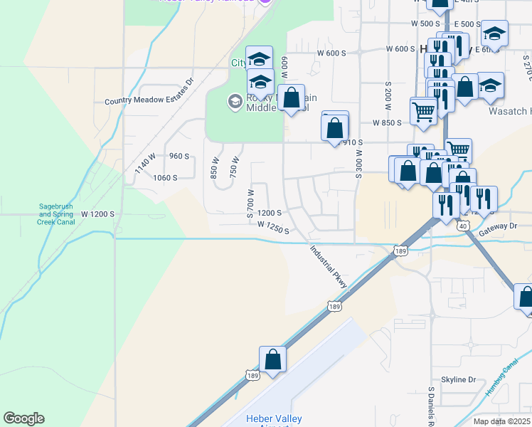 map of restaurants, bars, coffee shops, grocery stores, and more near West 12th South in Heber City