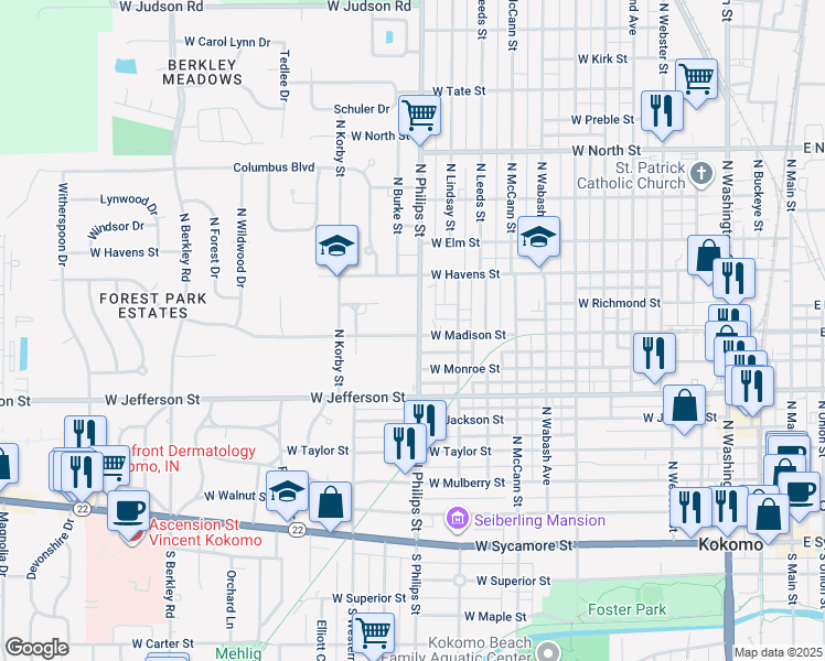 map of restaurants, bars, coffee shops, grocery stores, and more near 803 North Philips Street in Kokomo