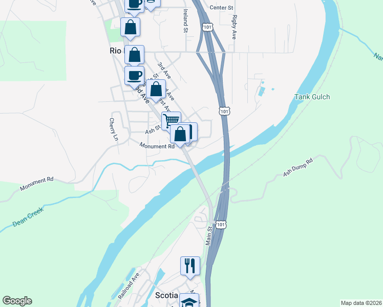 map of restaurants, bars, coffee shops, grocery stores, and more near 30 Wildwood Avenue in Rio Dell