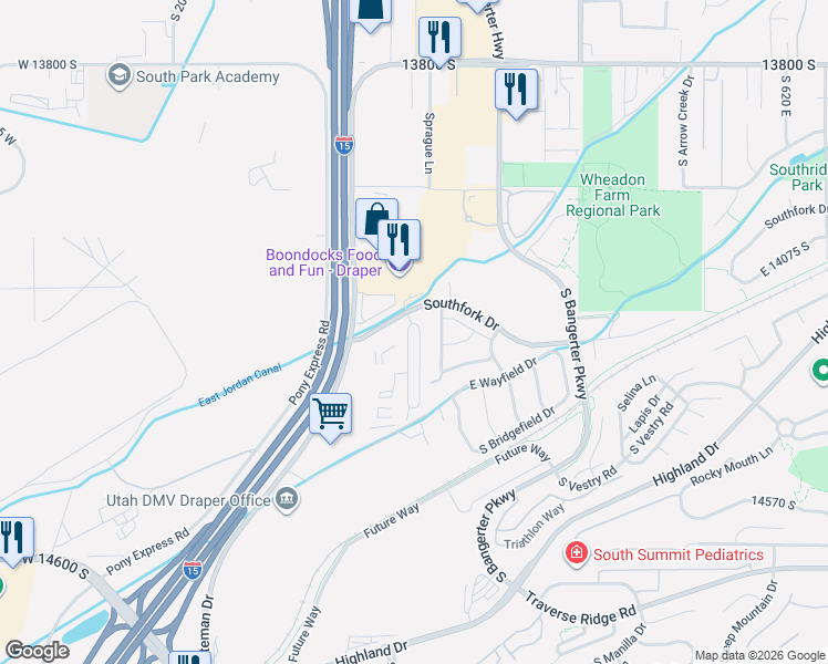 map of restaurants, bars, coffee shops, grocery stores, and more near 14256 South Side Hill Lane in Draper