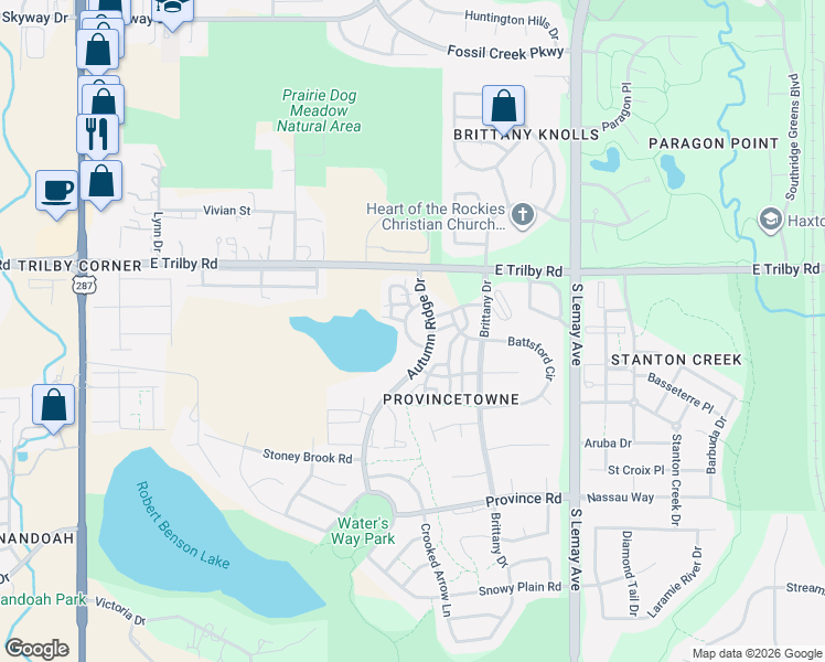 map of restaurants, bars, coffee shops, grocery stores, and more near 6714 Rose Creek Way in Fort Collins