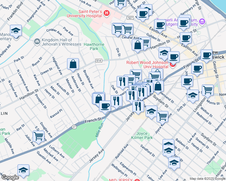 map of restaurants, bars, coffee shops, grocery stores, and more near 7 Laurel Place in New Brunswick