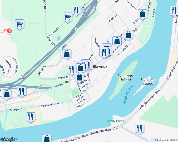 map of restaurants, bars, coffee shops, grocery stores, and more near 254 Freeport Road in Blawnox