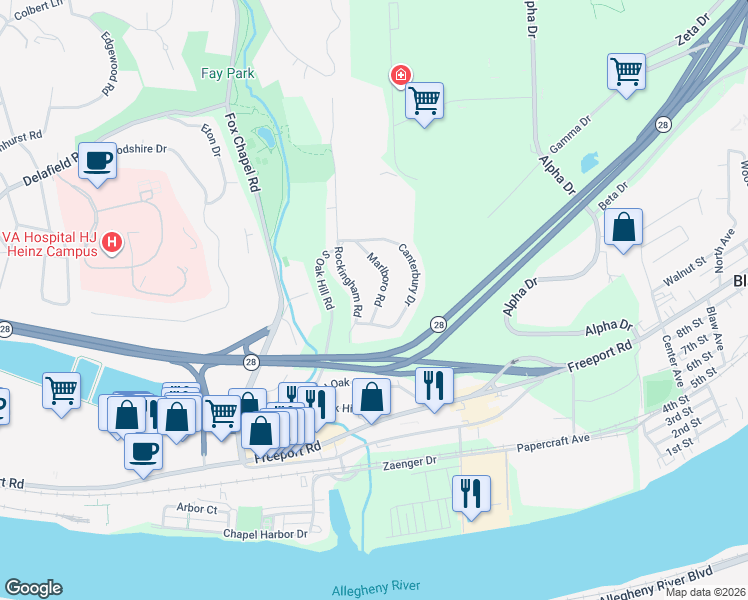 map of restaurants, bars, coffee shops, grocery stores, and more near 101 Canterbury Drive in Pittsburgh