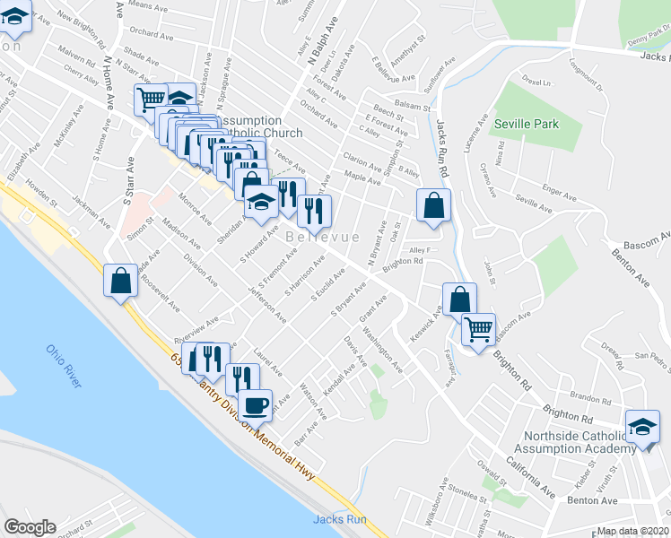 map of restaurants, bars, coffee shops, grocery stores, and more near 13 South Euclid Avenue in Pittsburgh