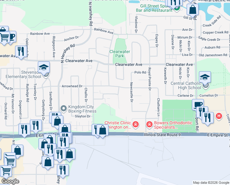 map of restaurants, bars, coffee shops, grocery stores, and more near 12 Christy Court in Normal