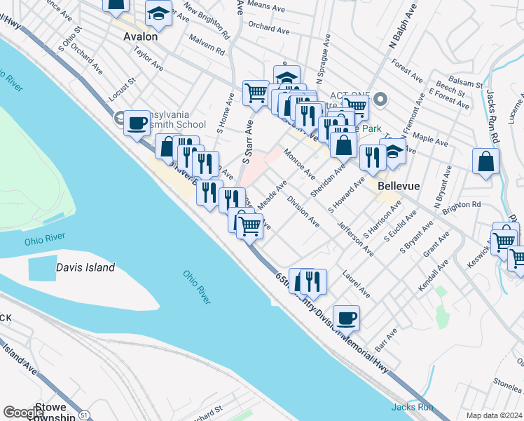 map of restaurants, bars, coffee shops, grocery stores, and more near 147 Meade Avenue in Pittsburgh
