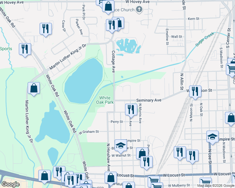 map of restaurants, bars, coffee shops, grocery stores, and more near 1311 Seminary Avenue in Bloomington