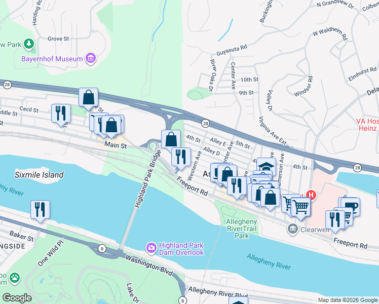 map of restaurants, bars, coffee shops, grocery stores, and more near 28 3rd Street in Aspinwall