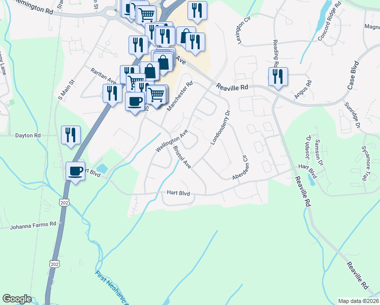 map of restaurants, bars, coffee shops, grocery stores, and more near 61 Saxonney Circle in Flemington