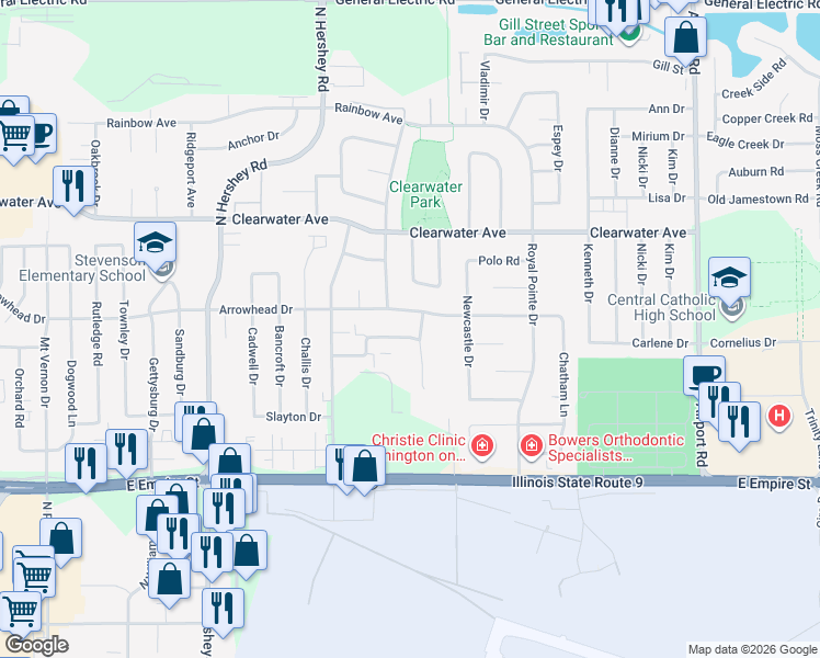map of restaurants, bars, coffee shops, grocery stores, and more near 12 Christy Court in Normal
