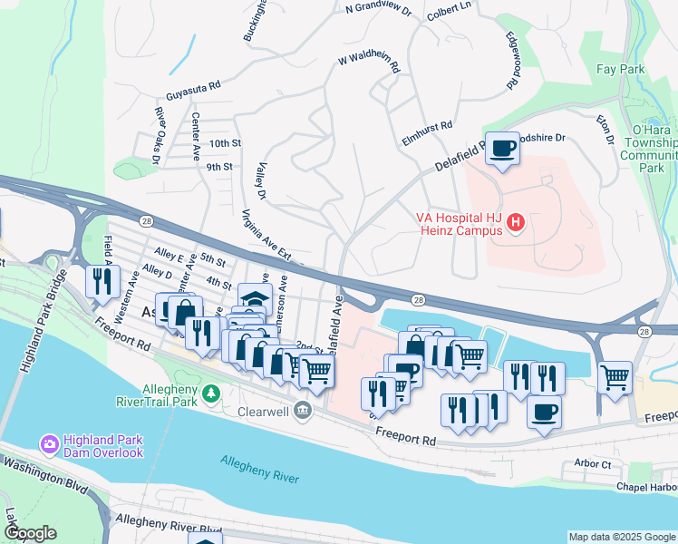 map of restaurants, bars, coffee shops, grocery stores, and more near 605 Delafield Avenue in Aspinwall