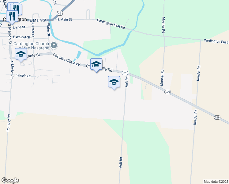 map of restaurants, bars, coffee shops, grocery stores, and more near 3700 County Road 168 in Cardington