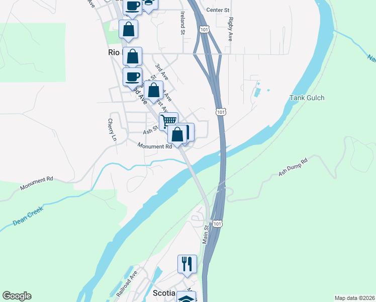 map of restaurants, bars, coffee shops, grocery stores, and more near 38 Wildwood Avenue in Rio Dell
