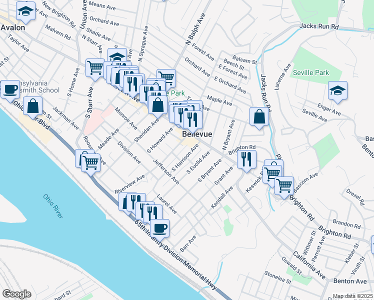 map of restaurants, bars, coffee shops, grocery stores, and more near 35 South Harrison Avenue in Pittsburgh