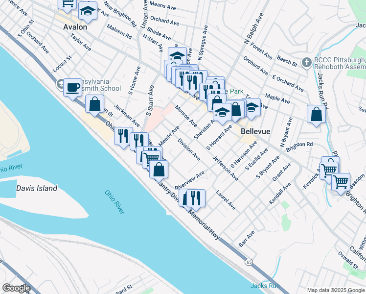 map of restaurants, bars, coffee shops, grocery stores, and more near 125 Sheridan Avenue in Pittsburgh