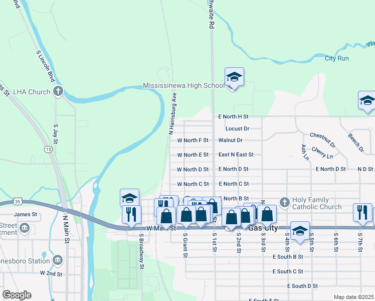 map of restaurants, bars, coffee shops, grocery stores, and more near 127 West North East Street in Gas City