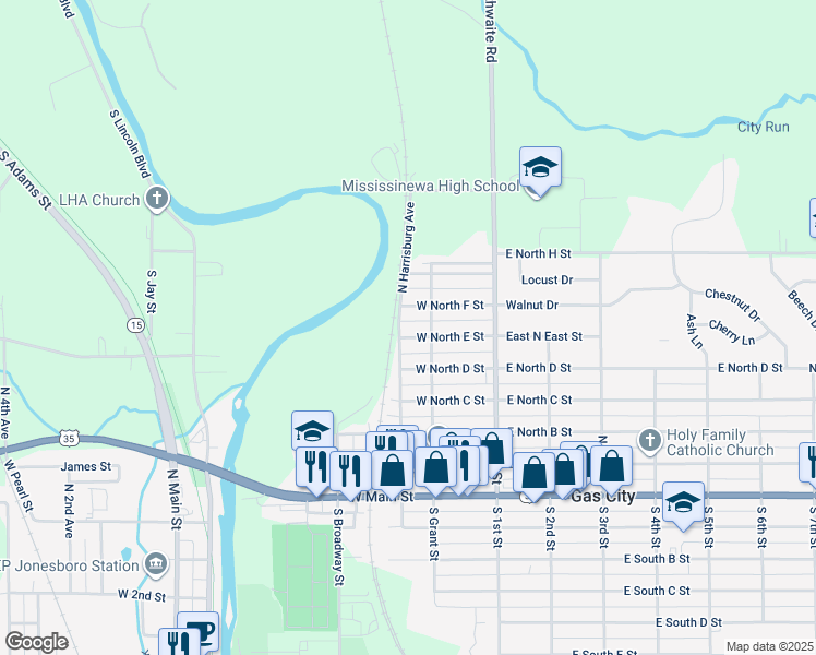 map of restaurants, bars, coffee shops, grocery stores, and more near 209 West North East Street in Gas City