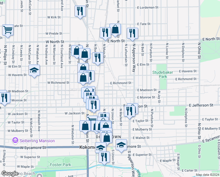 map of restaurants, bars, coffee shops, grocery stores, and more near 720 North Union Street in Kokomo