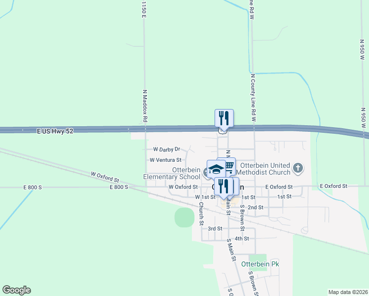 map of restaurants, bars, coffee shops, grocery stores, and more near 312 West Darby Drive in Otterbein