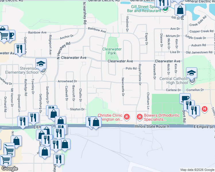 map of restaurants, bars, coffee shops, grocery stores, and more near 12 Christy Court in Normal