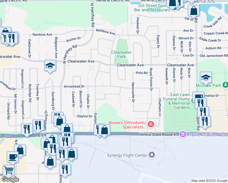 map of restaurants, bars, coffee shops, grocery stores, and more near 12 Christy Court in Normal