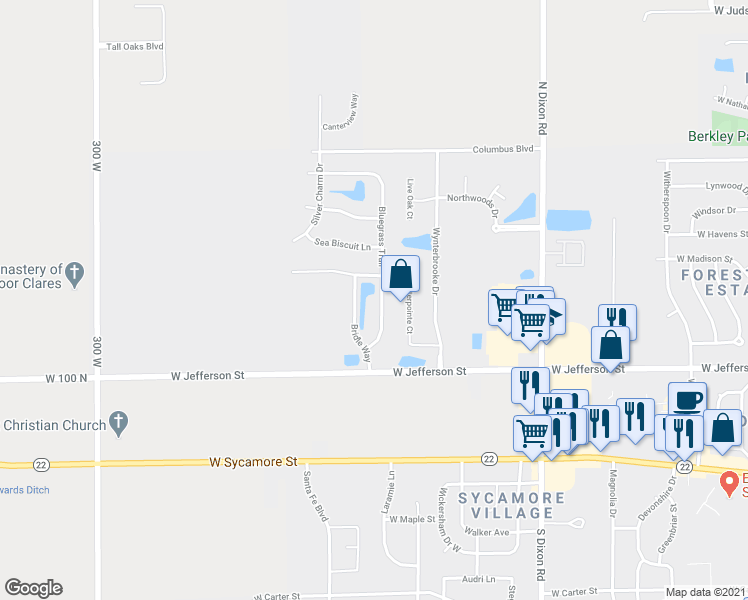 map of restaurants, bars, coffee shops, grocery stores, and more near 639 Bluegrass Trail in Kokomo