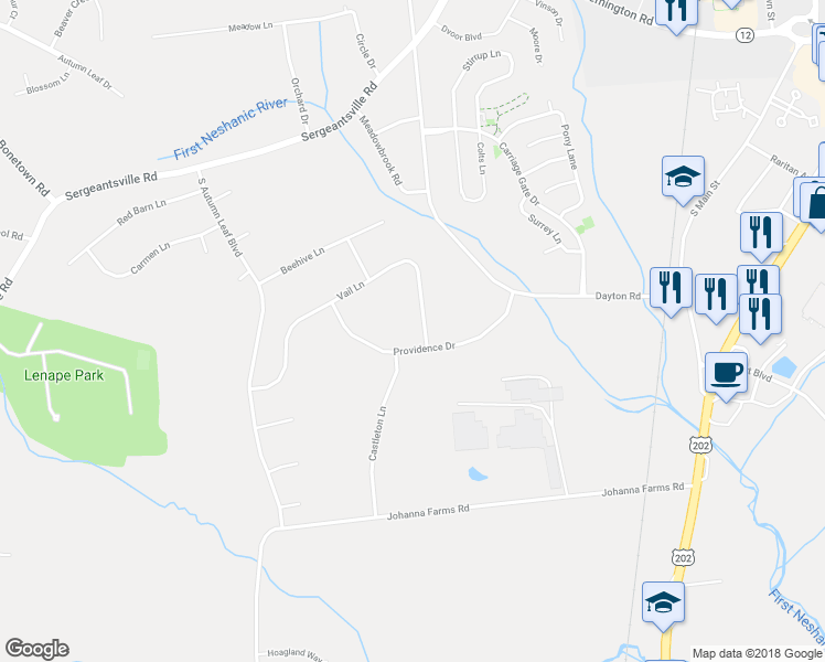 map of restaurants, bars, coffee shops, grocery stores, and more near 32 Vail Lane in Flemington