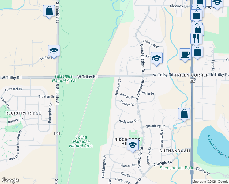map of restaurants, bars, coffee shops, grocery stores, and more near 6707 Holyoke Court in Fort Collins