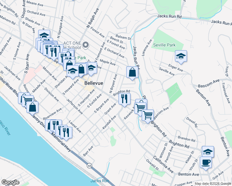 map of restaurants, bars, coffee shops, grocery stores, and more near 230 Lincoln Avenue in Bellevue