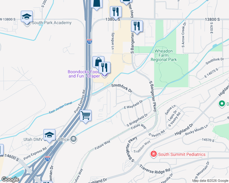 map of restaurants, bars, coffee shops, grocery stores, and more near 14242 Daisyfield Drive in Draper