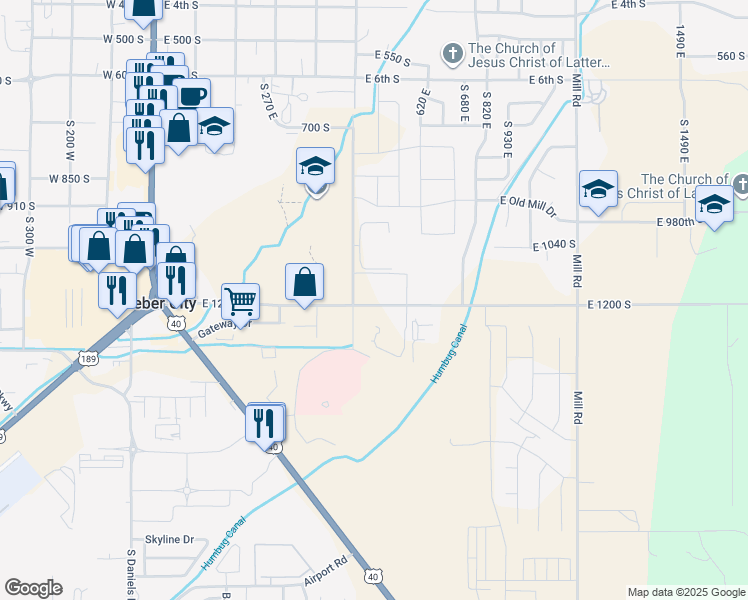 map of restaurants, bars, coffee shops, grocery stores, and more near 551 East 1200 South in Heber City