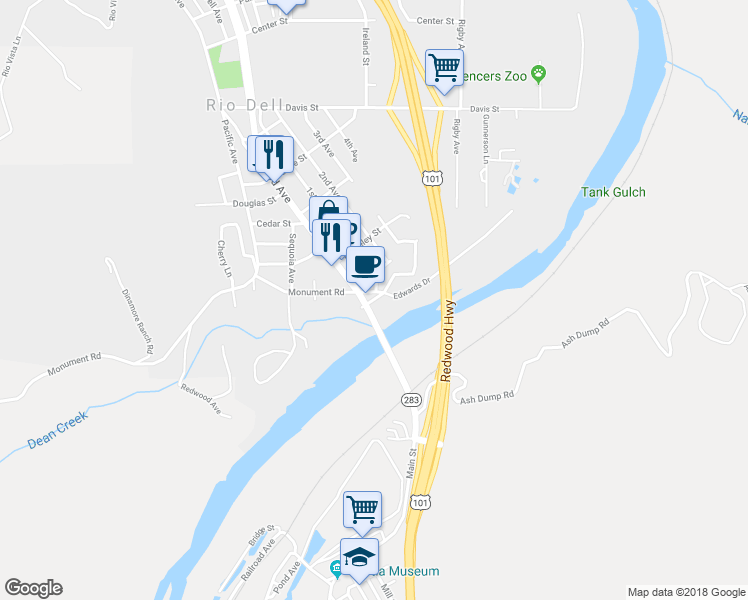 map of restaurants, bars, coffee shops, grocery stores, and more near 51 East Bridge Street in Rio Dell