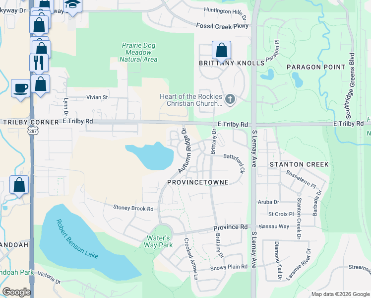 map of restaurants, bars, coffee shops, grocery stores, and more near 6709 Autumn Ridge Drive in Fort Collins