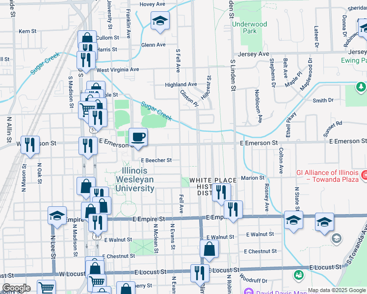 map of restaurants, bars, coffee shops, grocery stores, and more near 1413 Fell Avenue in Bloomington