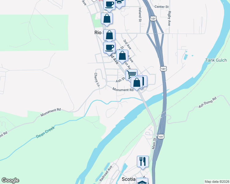map of restaurants, bars, coffee shops, grocery stores, and more near 168 South Sequoia Avenue in Rio Dell