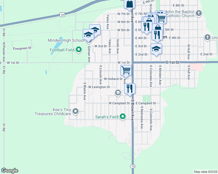 map of restaurants, bars, coffee shops, grocery stores, and more near 351 West Lexington Street in Minden